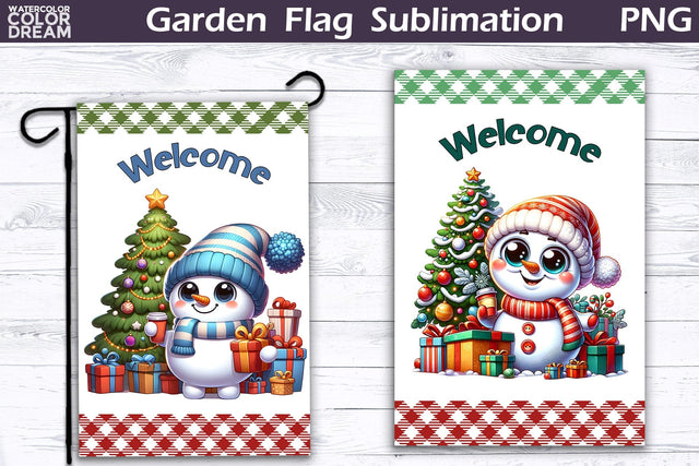 Christmas Garden Flag Welcome | Winter Snowman Garden Flag Sublimation WatercolorColorDream 