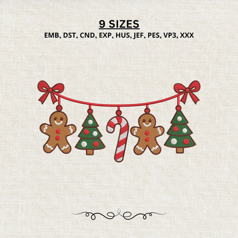 Christmas Garland Embroidery Design – Gingerbread Christmas Tree Candy Cane Machine Embroidery File, Holiday Bunting Design Embroidery/Applique DESIGNS PatternFeed8 