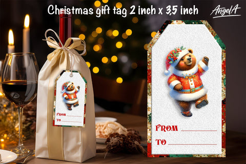Christmas gift tag brown bear, Merry Christmas animal images Sublimation Angelina Semenova 