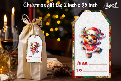 Christmas gift tag, Christmas animal image baby highland cow Sublimation Angelina Semenova 
