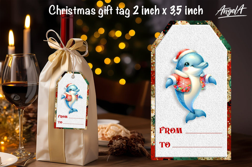 Christmas gift tag, dolphin illustration, sea animals - So Fontsy