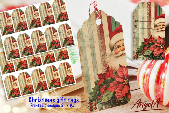 Christmas gift tag printable, retro Santa Claus, floral tags Sublimation Angelina Semenova 
