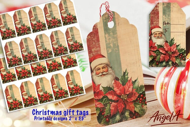 Christmas gift tag printable, Santa Claus, holly floral tags Sublimation Angelina Semenova 