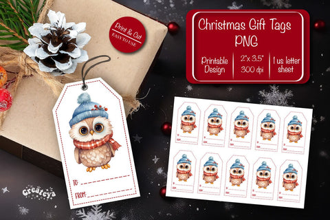 Christmas gift tag printable template Christmas Holiday tag Owl clipart printable PNG Sublimation Createya Design 