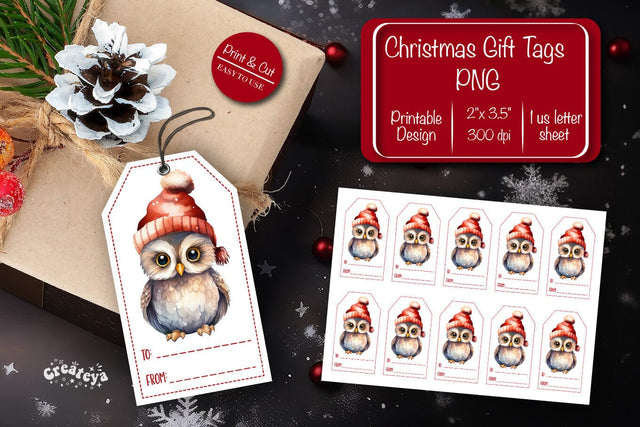 Christmas gift tag printable template Christmas Holiday tag Owl clipart printable PNG Sublimation Createya Design 