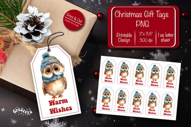 Christmas gift tag printable template Christmas Holiday tag Owl clipart printable PNG Sublimation Createya Design 