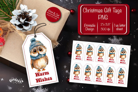 Christmas gift tag printable template Christmas Holiday tag Owl clipart printable PNG Sublimation Createya Design 