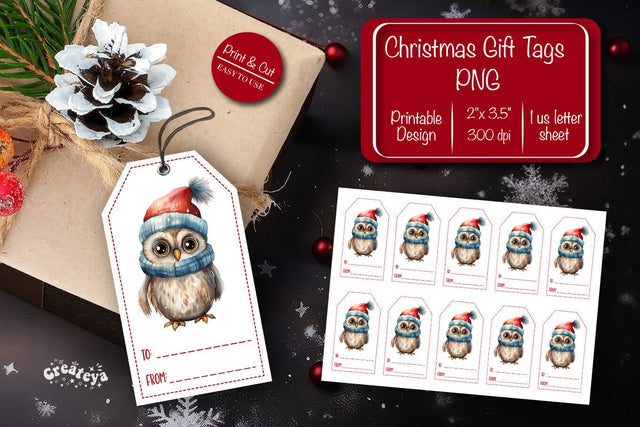Christmas gift tag printable template Christmas Holiday tag Owl clipart printable PNG Sublimation Createya Design 