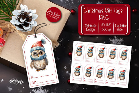Christmas gift tag printable template Christmas Holiday tag Owl clipart printable PNG Sublimation Createya Design 