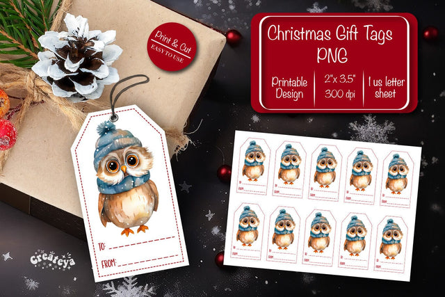 Christmas gift tag printable template Christmas Holiday tag Owl clipart printable PNG Sublimation Createya Design 