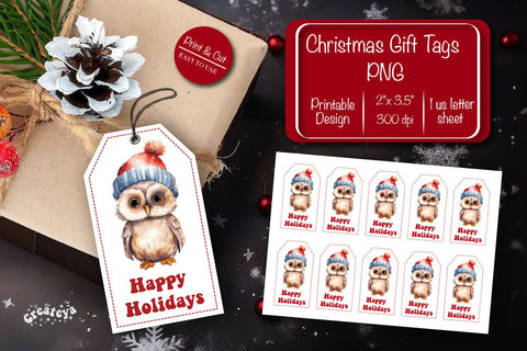 Christmas gift tag printable template Christmas tag Happy Holiday Owl clipart printable PNG Sublimation Createya Design 