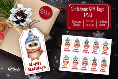 Christmas gift tag printable template Christmas tag Happy Holiday Owl clipart printable PNG Sublimation Createya Design 