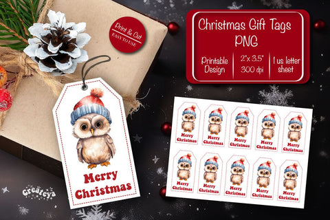 Christmas gift tag printable template Christmas tag Merry Christmas Owl clipart printable PNG Sublimation Createya Design 