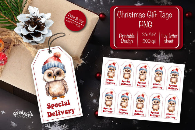 Christmas gift tag printable template Christmas tag Special delivery Owl clipart printable PNG Sublimation Createya Design 