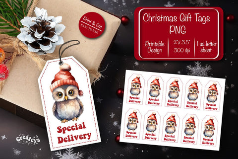 Christmas gift tag printable template Christmas tag Special delivery Owl clipart printable PNG Sublimation Createya Design 