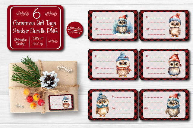 Christmas Gift Tag Stickers Bundle Christmas tag printable PNG Owl Sublimation Createya Design 