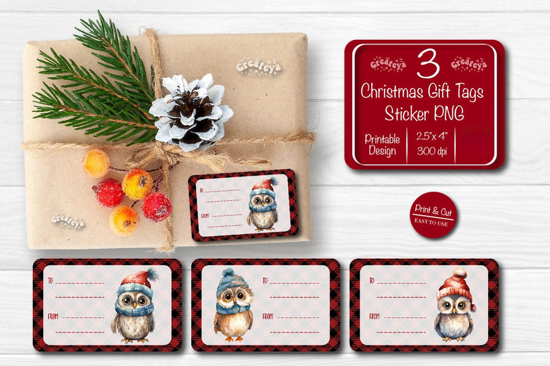 Christmas Gift Tag Stickers Bundle Christmas tag printable PNG Owl Sublimation Createya Design 