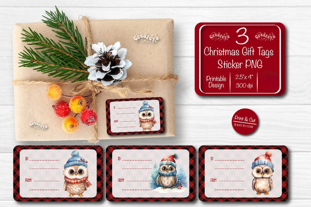 Christmas Gift Tag Stickers Bundle Christmas tag printable PNG Owl Sublimation Createya Design 