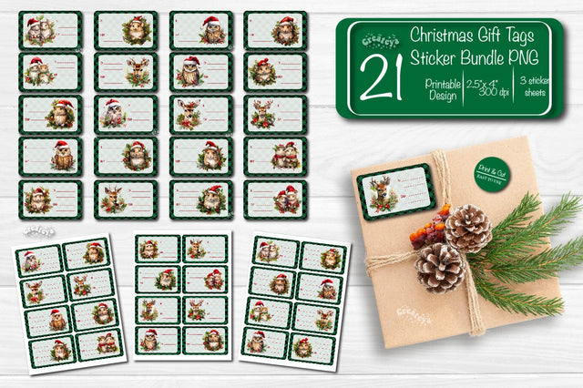 Christmas Gift Tag Stickers Bundle Christmas tag printable PNG Watercolor Winter animals Sublimation Createya Design 
