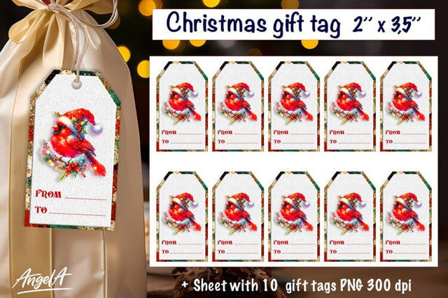 Christmas gift tags, dancing Christmas cardinal, cute bird Sublimation Angelina Semenova 