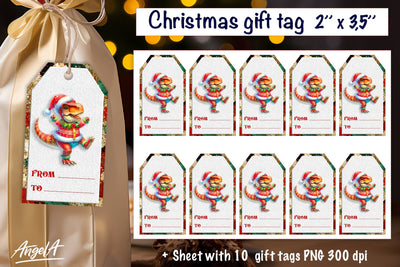 Christmas gift tags, dancing Christmas cute dinosaur PNG Sublimation Angelina Semenova 