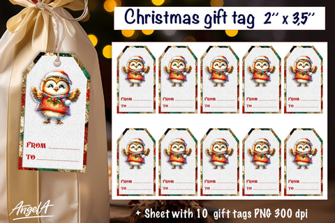 Christmas gift tags, dancing Christmas cute owl png Sublimation Angelina Semenova 
