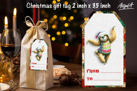 Christmas gift tags, dancing Christmas cute sloth cartoon Sublimation Angelina Semenova 