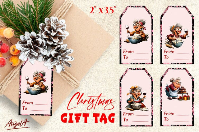 Christmas gift tags, elderly lady drinking wine cooking pie Sublimation Angelina Semenova 