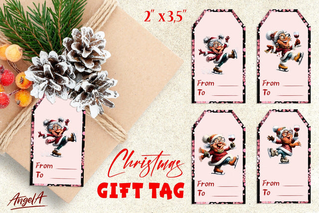 Christmas gift tags, elderly lady drinking wine ice skating Sublimation Angelina Semenova 