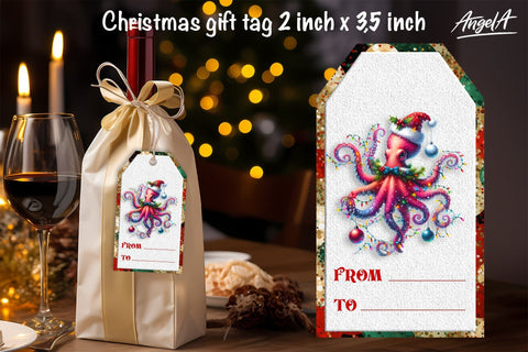 Christmas gift tags, funny Christmas octopus sea animal PNG Sublimation Angelina Semenova 
