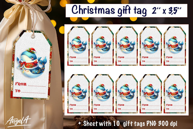 Christmas gift tags, funny Christmas whale sea animal PNG Sublimation Angelina Semenova 