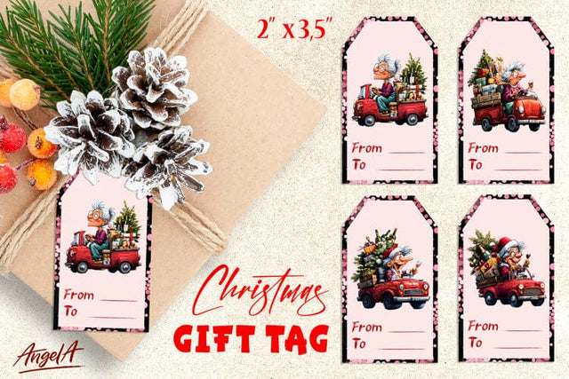 Christmas gift tags, funny elderly lady gift label Red truck Sublimation Angelina Semenova 