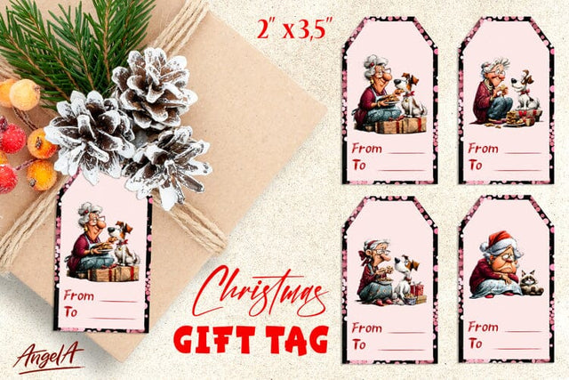Christmas gift tags, funny elderly lady gift labels Dog Cat Sublimation Angelina Semenova 