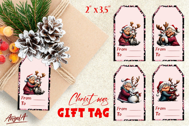 Christmas gift tags, funny elderly old lady in Santa hat PNG Sublimation Angelina Semenova 