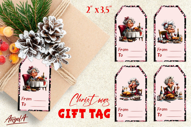Christmas gift tags, funny elderly old lady labels printable Sublimation Angelina Semenova 