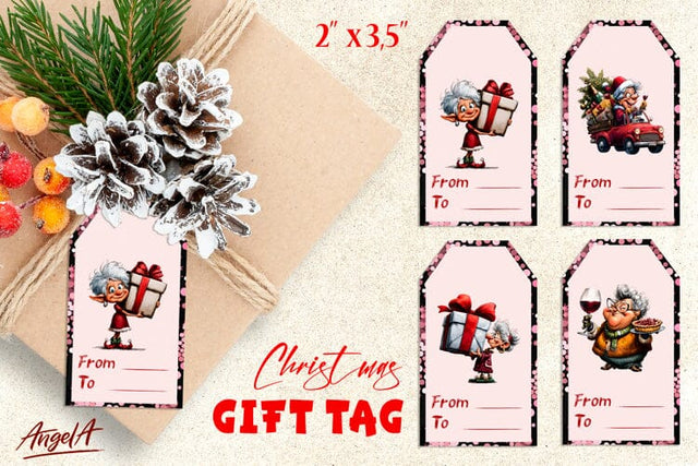 Christmas gift tags, funny elderly old lady PNG Sublimation Angelina Semenova 