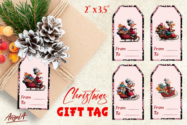 Christmas gift tags, funny elderly old lady Santa's sleigh Sublimation Angelina Semenova 