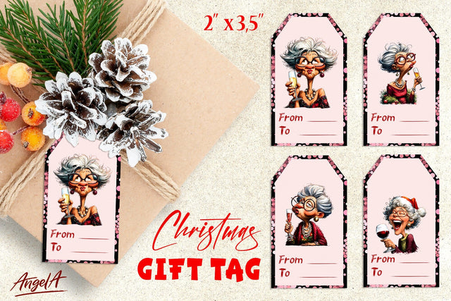 Christmas gift tags, funny elderly old lady with wine glass Sublimation Angelina Semenova 