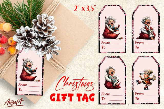 Christmas gift tags, funny laughing elderly lady gift label Sublimation Angelina Semenova 
