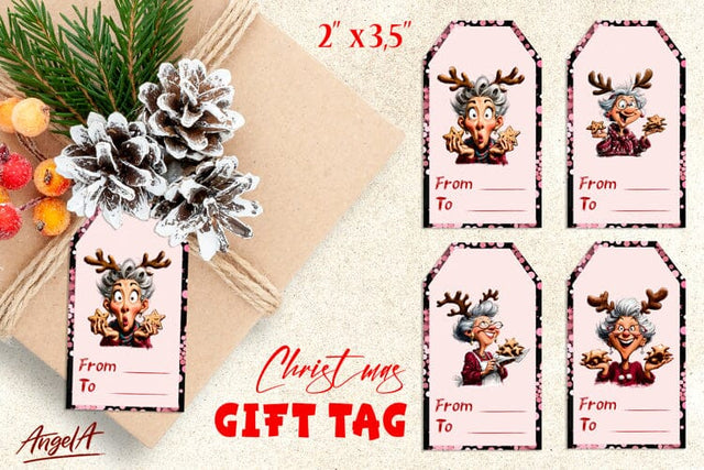 Christmas gift tags, happy elderly old lady labels printable Sublimation Angelina Semenova 