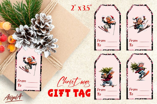 Christmas gift tags, happy smiling old lady labels printable Sublimation Angelina Semenova 
