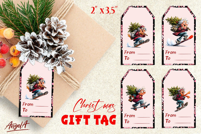 Christmas gift tags, happy smiling old lady skateboarding Sublimation Angelina Semenova 