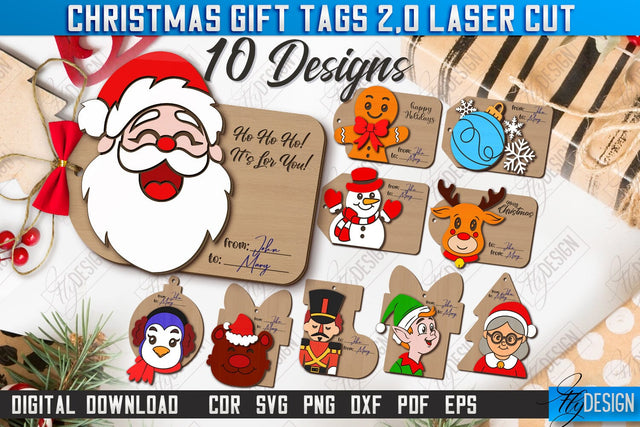 Christmas Gift Tags Laser Cut Bundle, Christmas Ornaments, Xmas Gift Tags SVG, Personalized Christmas Present Label, Santa Claus SVG SVG Fly Design 