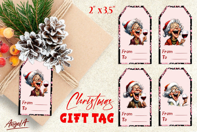 Christmas gift tags, laughing elderly old lady with wine Sublimation Angelina Semenova 