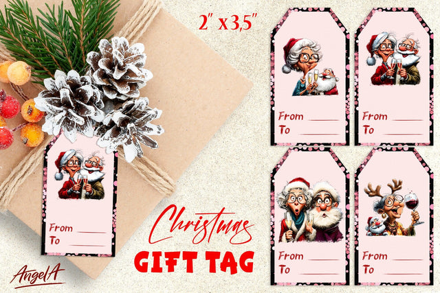 Christmas gift tags, Old lady, Santa Claus drinking wine Sublimation Angelina Semenova 