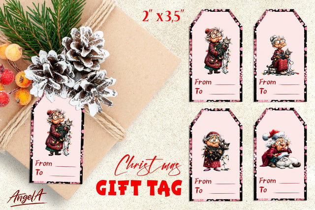 Christmas gift tags, sad old lady with lights and cat Sublimation Angelina Semenova 