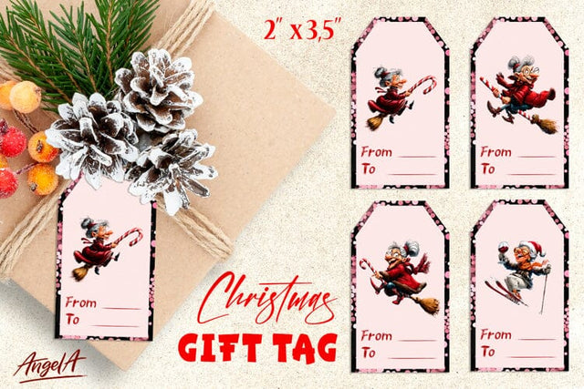 Christmas gift tags, witch elderly lady gift label Candy PNG Sublimation Angelina Semenova 