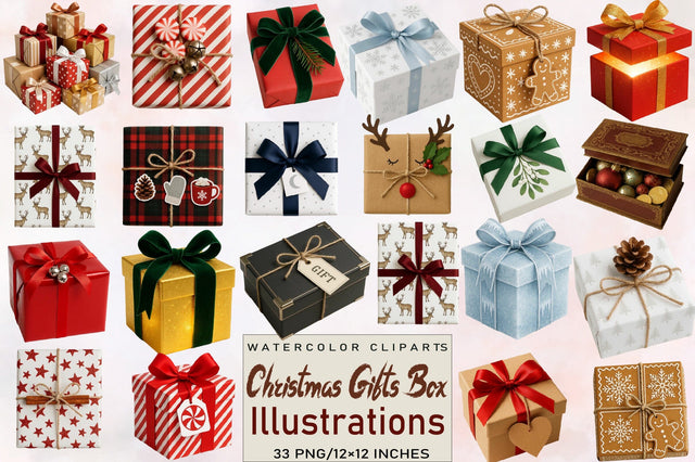 Christmas Gifts Box Clipart Bundle. Sublimation SVGArt 