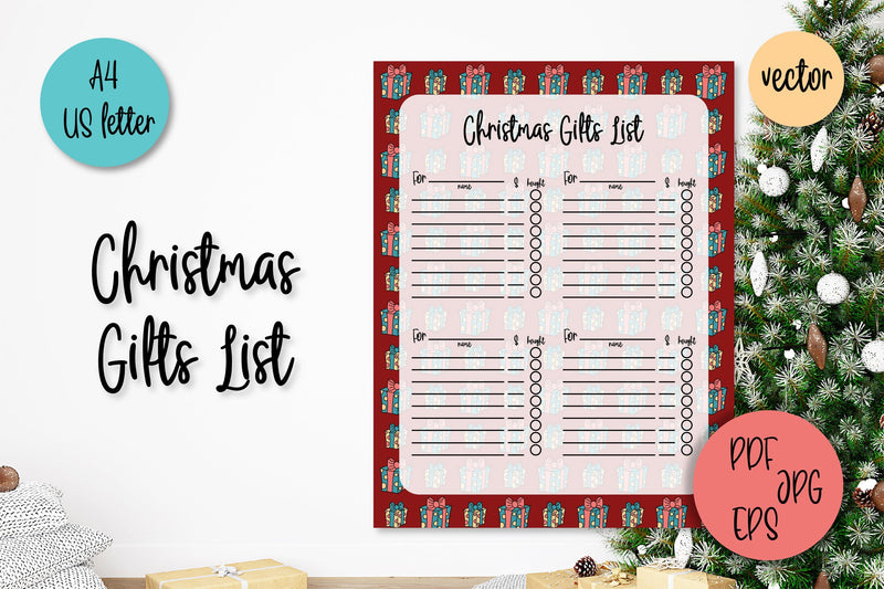 Christmas Gifts List Template | Printable PDF & Vector - So Fontsy