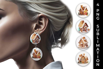 Christmas Gingerbread House PNG Round Earrings Sublimation Bundle Sublimation Sintegra 